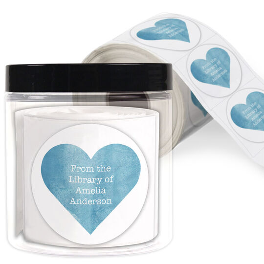 Blue Watercolor Heart From the Library Round Stickers in a Jar